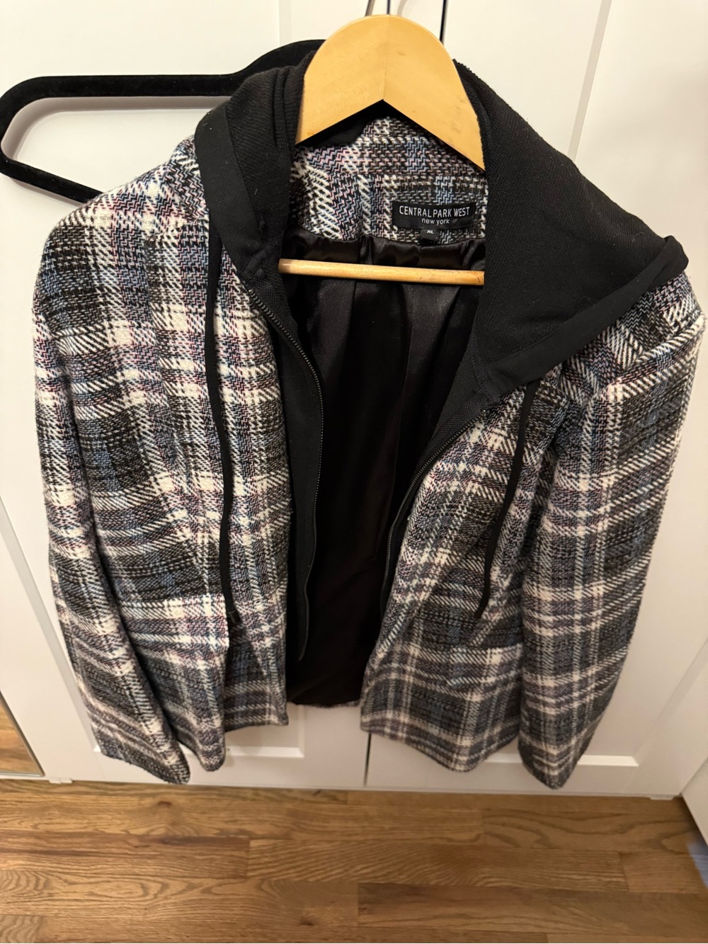 Central Park West women’s Plaid Hooded Jacket in Black, Gray & White
